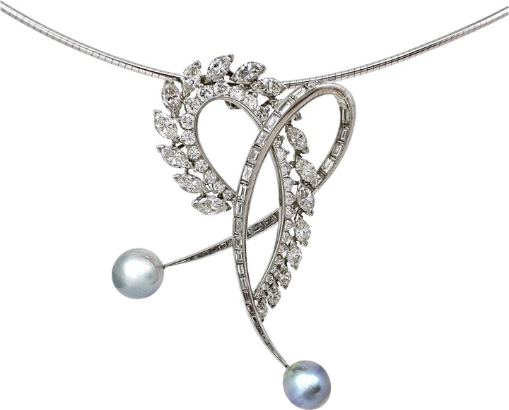 1stDibs 4.5ct Diamond & Akoya Pearl "mad Heart" Pendant In Platinum On 14k Omega Chain
