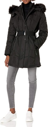Calvin Klein Women's Belted Faux Fur Hooded Puffer Coat
