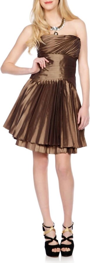 Halston Pleated Metallic Mini Dress In Bronze