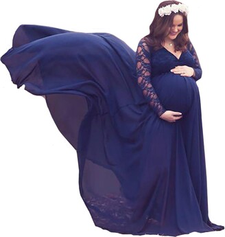 FEOYA-Pregnancy Dress Maternity Photography Props Lace Sleeves Chiffon Trailing Long Dress One Piece Nursing Dress V-Neck Lightweight Wedding Dress Vacation Gown