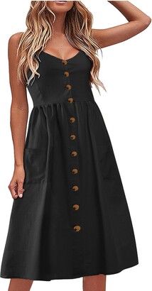 OYSOHE BK Women's Sling Dress 2021 Fashion Casual V-Neck Sleeveless Dress Strap Open Back Sexy Print Dress with a Button Pockets(M