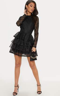 PrettyLittleThing Black Lace Long Sleeve Tiered Skater Dress