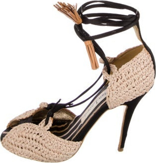 Christian Lacroix Vintage Pumps Black & Neutrals Straw Colorblock Pattern Round-Toes Wrap-Around Straps & Lace-Up Closure at Uppers | Christian Lacroix Vintage Straw Pumps in Black/Neutrals, Women's IT 35 | 5