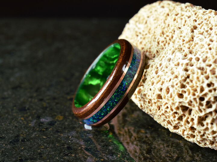 8mm Fumed Cherry Bentwood With Crushed Dark Green Opal & Rose Gold On Epoxy Core Ring, Wood Ring For Men, Women