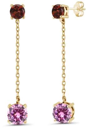 Gem Stone King 3.66 Ct Round Pink Zirconia Red Garnet 18K Yellow Gold Plated Silver Long Dangle Earrings