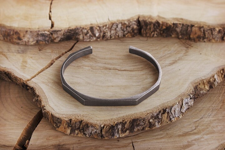 Etsy Black Silver Polygonal Bracelet Oxidized 3D Cuff 925 Solid Sterling Silver Layering Oval Open Bangle Unisex Gift For Him Or Her