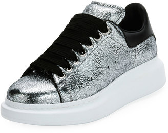 Alexander McQueen Metallic Lace-Up Platform Sneaker, Silver/Black