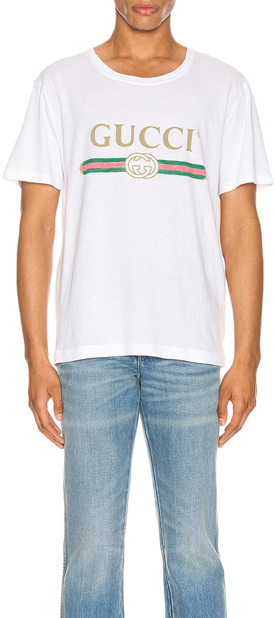 Gucci Logo Oversize Washed Tee in White & Green & Red & Gold 