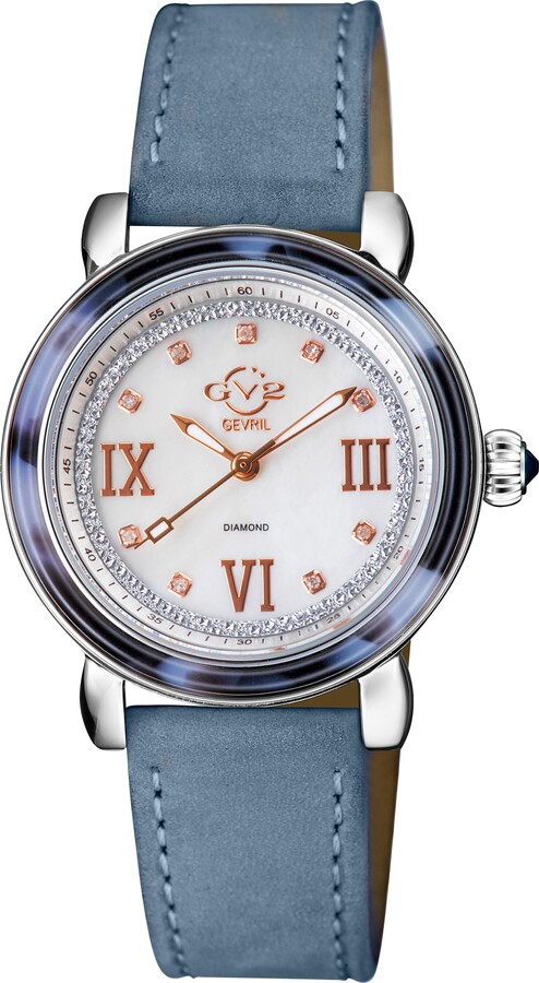 GV2 Marsala Tortoise Pattern Mother-of-Pearl Dial Diamond Suede Strap Watch 36mm - 0.045 ctw.