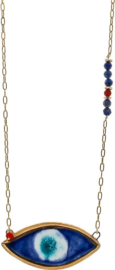 Ebru Jewelry Red / Gold / Blue Energy Anchor Evil Eye Pendant Necklace - Blue