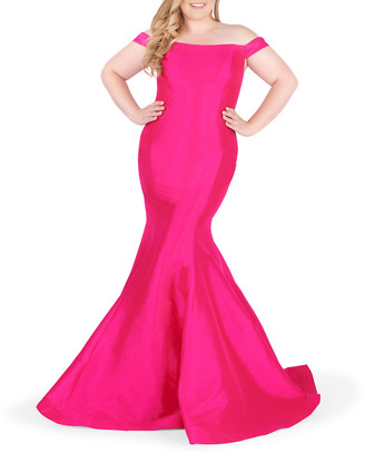 Mac Duggal Plus Size Off-the-Shoulder Short-Sleeve Trumpet Gown