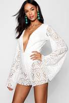 Thumbnail for your product : boohoo Tall Lace Plunge Flared Sleeve Playsuit