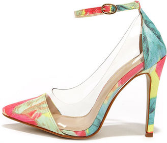 Liliana In the Clear Future Yellow Floral Print Lucite Heels