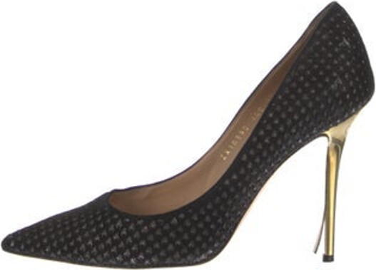 Ferragamo Suede Pumps Black Printed Pointed-Toes with Glitter Accents Includes Box & Dust Bag