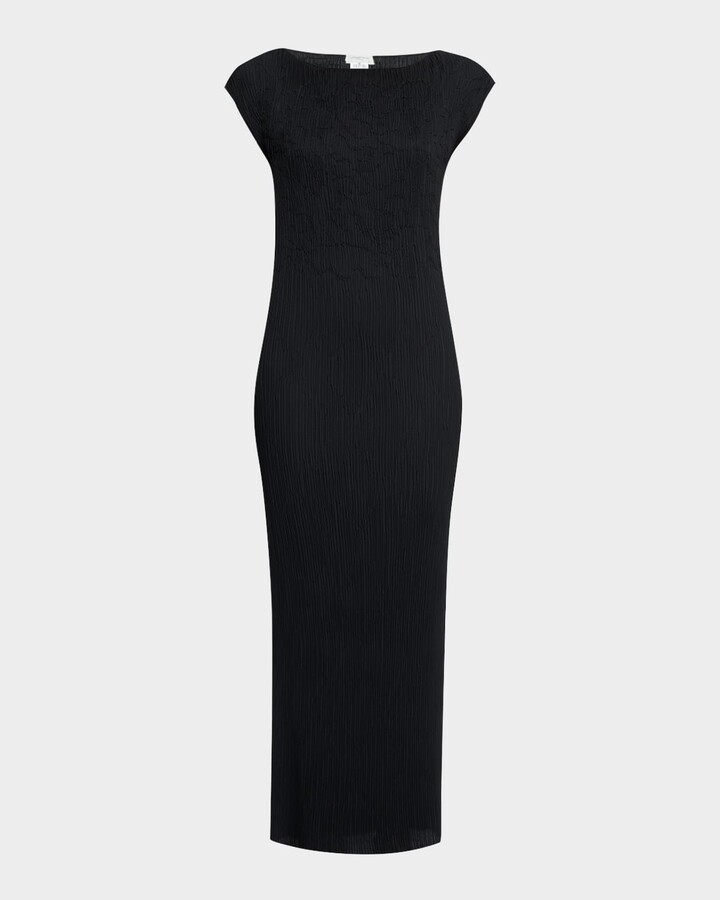 Cap-Sleeve Embroidered Plisse Maxi Dress