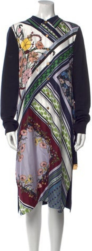 Tory Burch Merino Wool Shift Dress Blue Printed Long Sleeve with Crew Neck Button Closure at Front Designer