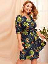 Thumbnail for your product : Shein Plus Palm Tree Print Wrap Self Tie Dress