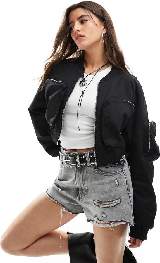 Only cropped bomber jacket with pocket detail in black