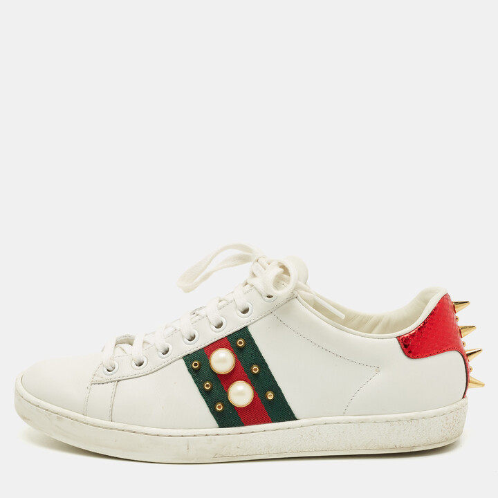 Gucci White Leather and Python Embossed Pearl Studded Ace Sneakers Size 38
