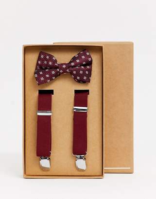 ASOS DESIGN Wedding suspender and bow tie set in burgundy floral and plain