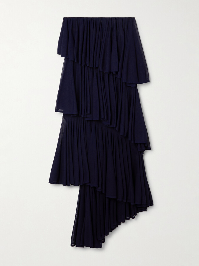Alaia Asymmetric Pleated Tiered Knit Midi Skirt - Blue