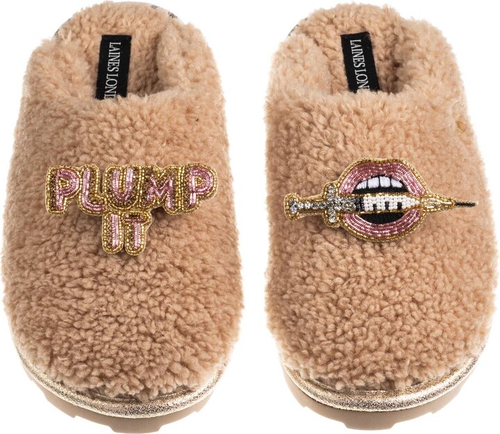 Laines London Brown / Neutrals Teddy Closed Toe Slippers With Plump It Pout Brooches - Toffee