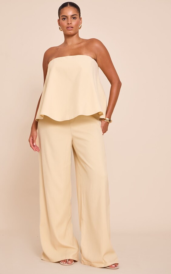 Plus Butter Cream Structured Woven Peplum Straight Leg Jumpsuit
