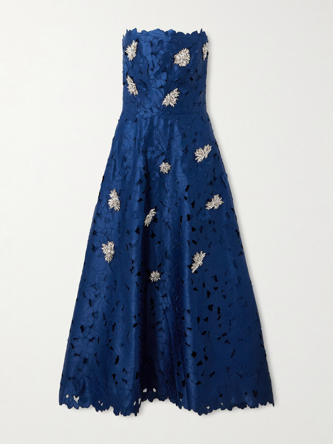 Costarellos Strapless Crystal-embellished Corded Lace Midi Dress - Blue