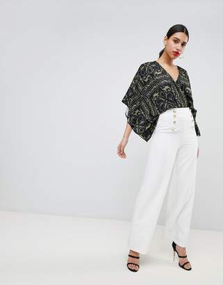Flounce London Wide Leg Tailored Trouser with Gold Button Detail