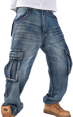 qiansu Men Hip Hop Cargo Jeans Oversize Wash Denim Pants Zip Fly Embroidery  Trousers Multi Pocket Skateboard Sweatpants - ShopStyle