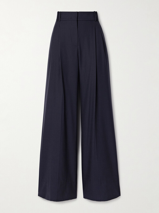ANOTHER TOMORROW Pleated Pinstriped Wool-blend Wide-leg Pants - Blue