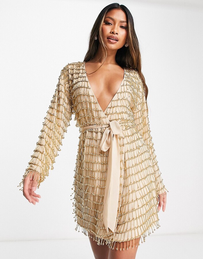 Elegant High Neck Side Slit Long Sleeve Gold Sequin Prom Dresses,SFPD0 –  SofieBridal