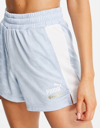 Puma Queen repeat logo check boxing shorts in pastel blue