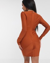 Thumbnail for your product : The Girlcode bandage long sleeve ribbed bodycon dress in tan