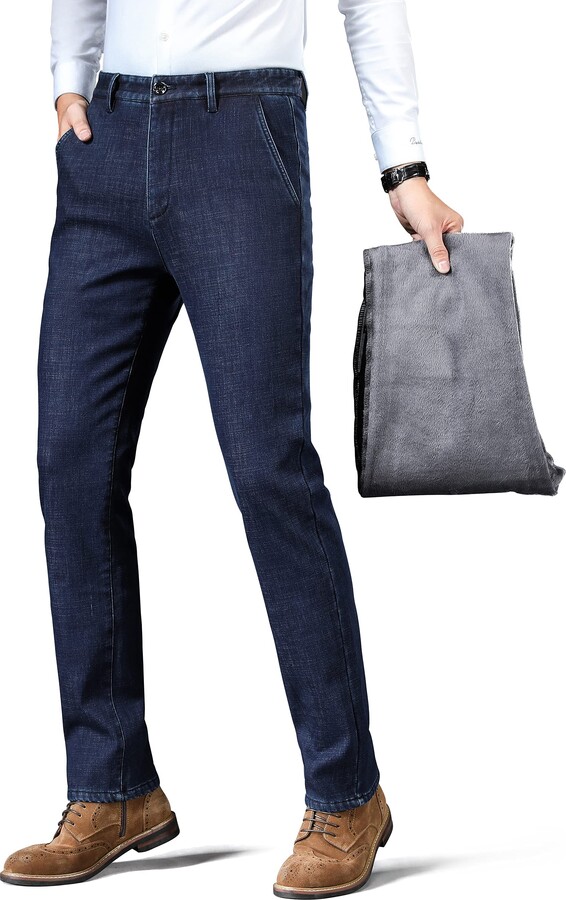ziilay Fleece Lined Winter Jeans for Men Thermal Stretch Denim Trousers