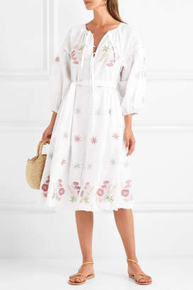 Innika Choo - Smocked Embroidered Linen Dress - White