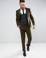 Thumbnail for your product : ASOS DESIGN Slim Blazer In Khaki Harris Tweed 100% Wool with Real Leather Lapel
