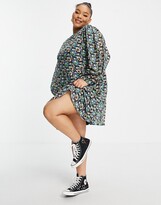 Thumbnail for your product : Wednesday's Girl Curve long sleeve mini smock dress with full skirt in vintage floral