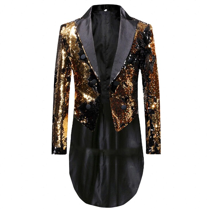 Vexiangni Men's Sequin Jacket Gothic Tailcoat Men's Coat Glitter Punk Frock Coat Men's Medieval
