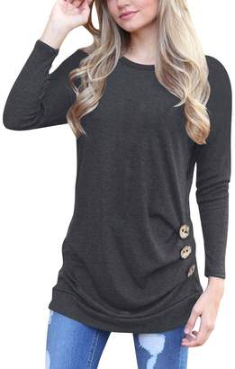 Q&Y Women's Casual Long Sleeve Loose Tunic Buttons Decor Tops Blouse T-Shirt Sweater M