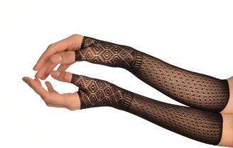 Lisskiss Black Stretchy Crochet Lace Fingerless Evening Gloves - Black Lace Designer Gloves