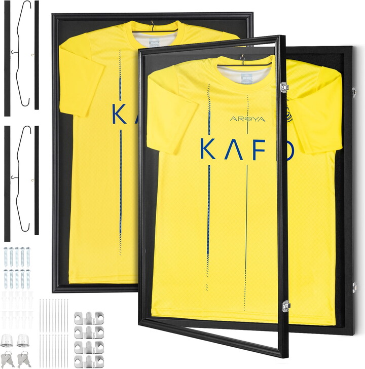 KFFKFF 2-Piece Set of Jersey Display Football Basketball Frames, 23.3x31.2x1.5 '', Secure Locking Jersey Shadow Boxes with PC Glass Offering 98% UV Protection, Includes Hangers