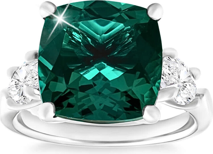 Pompeii3 7.55Ct Green Cushion Emerald & Marquise Three Stone Ring 14k Gold lab Grown
