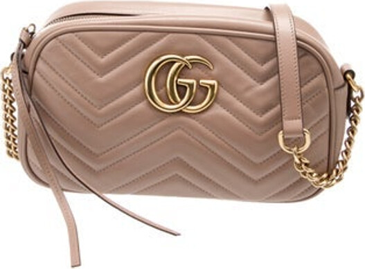Gucci Crossbody Bag Neutrals Leather Double G Logo Gold-Tone Hardware Single Adjustable Shoulder Strap Chain-Link Accents Suede Lining & Single Interior Pocket Zip Closure at Top Unfortunately, due to restrictions, this item may not be eligible for shipping in all areas.
