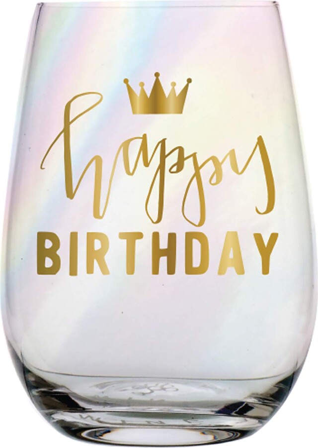 Slant Collections Birthday Gift Stemless Wine Glass, 20-Ounce, Happy Birthday- Iridescent