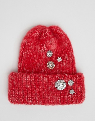 ASOS DESIGN fluffy embellished beanie in two tone knit
