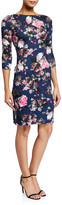 Thumbnail for your product : Erdem Reese Floral Print 3/4-Sleeve Dress, Blue/Pink