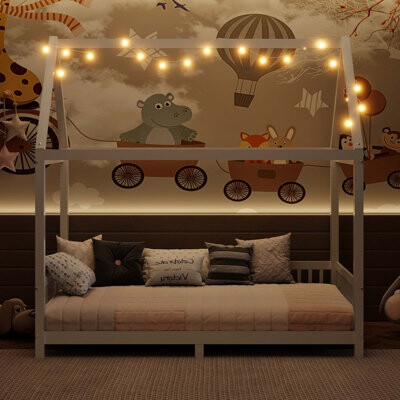 Harper Orchard Charming Wooden House Bed with Guardrail and LED for Kids' Dreamland