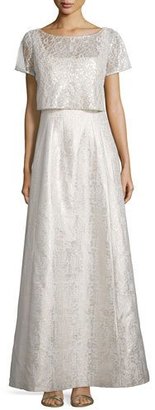 Phoebe Couture Short-Sleeve Two-Piece Lace Gown, Champagne