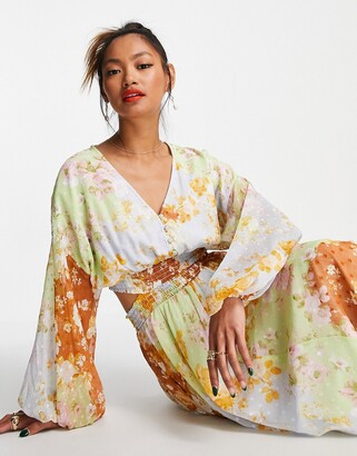 ASOS DESIGN soft shirred waist open back maxi dress in mixed patch floral print dobby